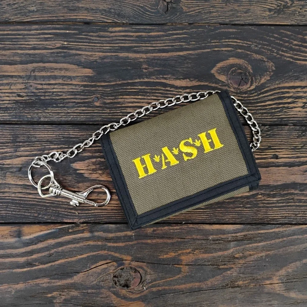 THC Khaki HASH Hook and Loop Embroidered Fabric TriFold Wallet With Chain